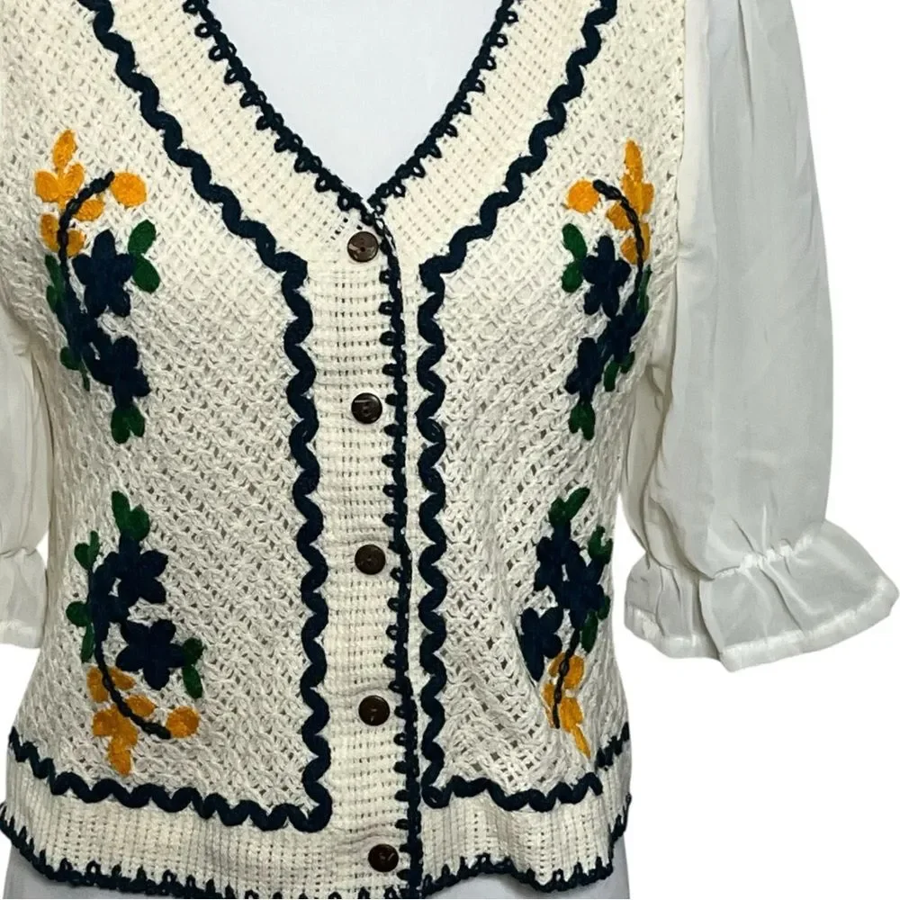 Knit Crochet Button Blouse Women’s XS White Puff Sleeve Embroidered Cottagecore - Picture 7 of 10